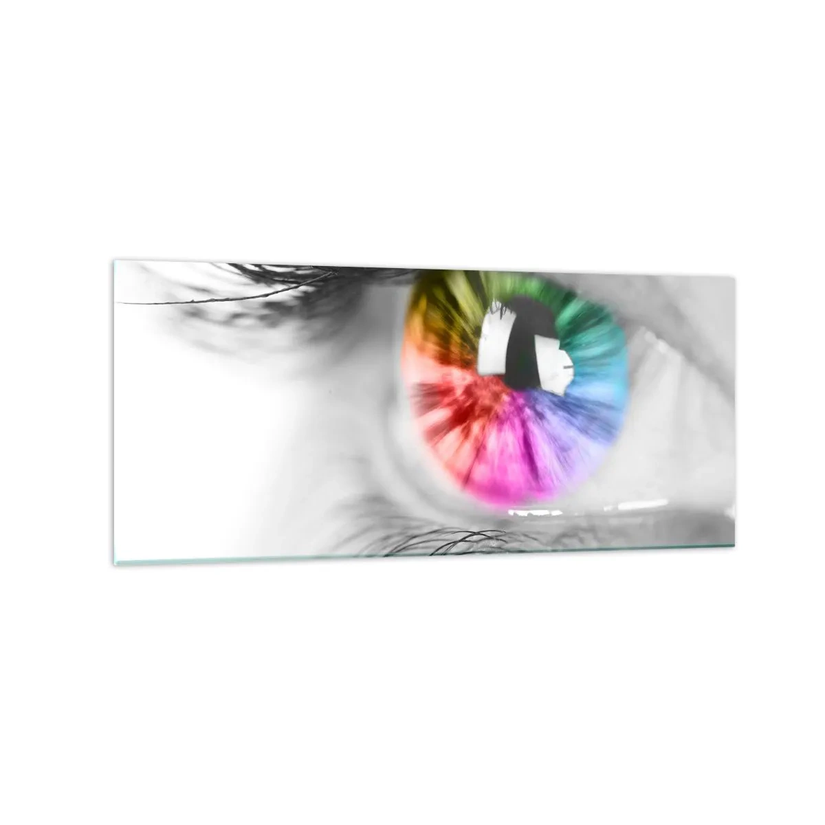 Cuadro sobre vidrio - Impresiones sobre Vidrio - Fotografía artística de un ojo con iris de arcoíris sobre un fondo gris. - 120x50cm - Ver el mundo en color - Decoración de pared moderna para salón y dormitorio ARTTOR