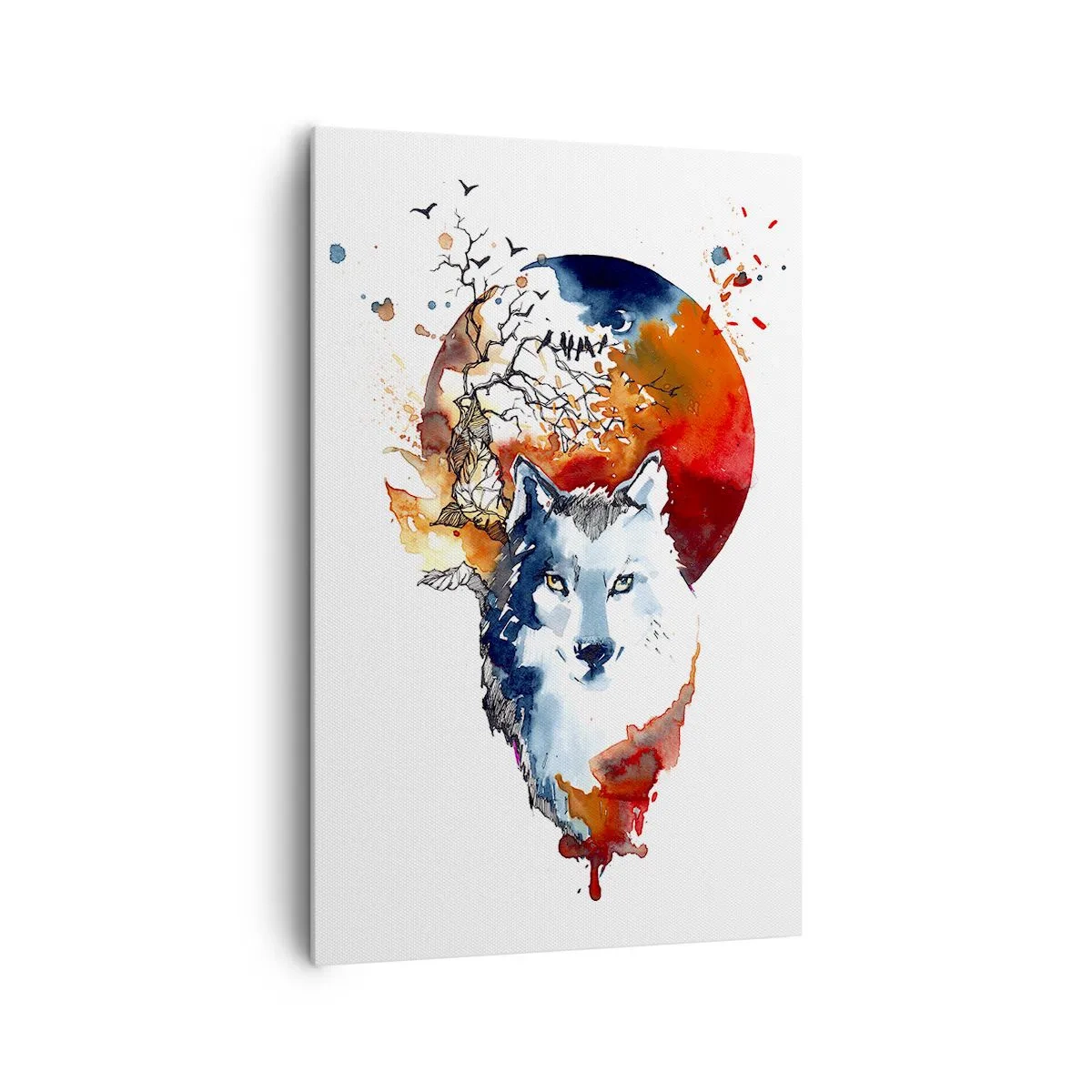 Cuadro sobre lienzo - Impresión de Imagen - Pintura abstracta de acuarela de un lobo contra una luna roja. - 80x120cm - El acecho nocturno - Decoración de pared moderna para salón y dormitorio ARTTOR