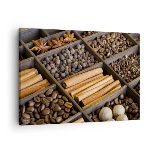 Cuadro sobre lienzo - Impresión de Imagen - Especias y café en compartimentos de madera. - 70x50cm - Un tesoro de aromas - Decoración de pared moderna para salón y dormitorio ARTTOR