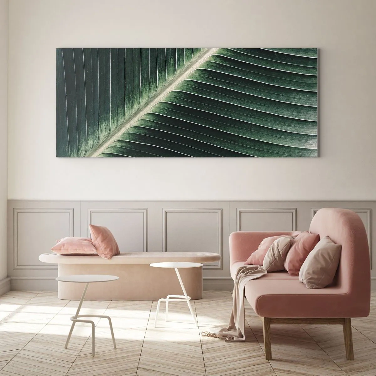 Cuadro sobre vidrio - Impresiones sobre Vidrio - Primer plano de la estructura de una hoja verde. - 120x50cm - El ritmo de la naturaleza - Decoración de pared moderna para salón y dormitorio ARTTOR