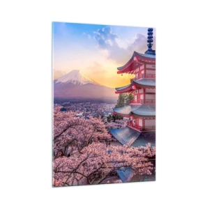 Cuadro sobre vidrio - Impresiones sobre Vidrio - Una pagoda en un paisaje japonés con vistas al monte Fuji y árboles en flor. - 50x70cm - La esencia del espíritu japonés - Decoración de pared moderna para salón y dormitorio ARTTOR