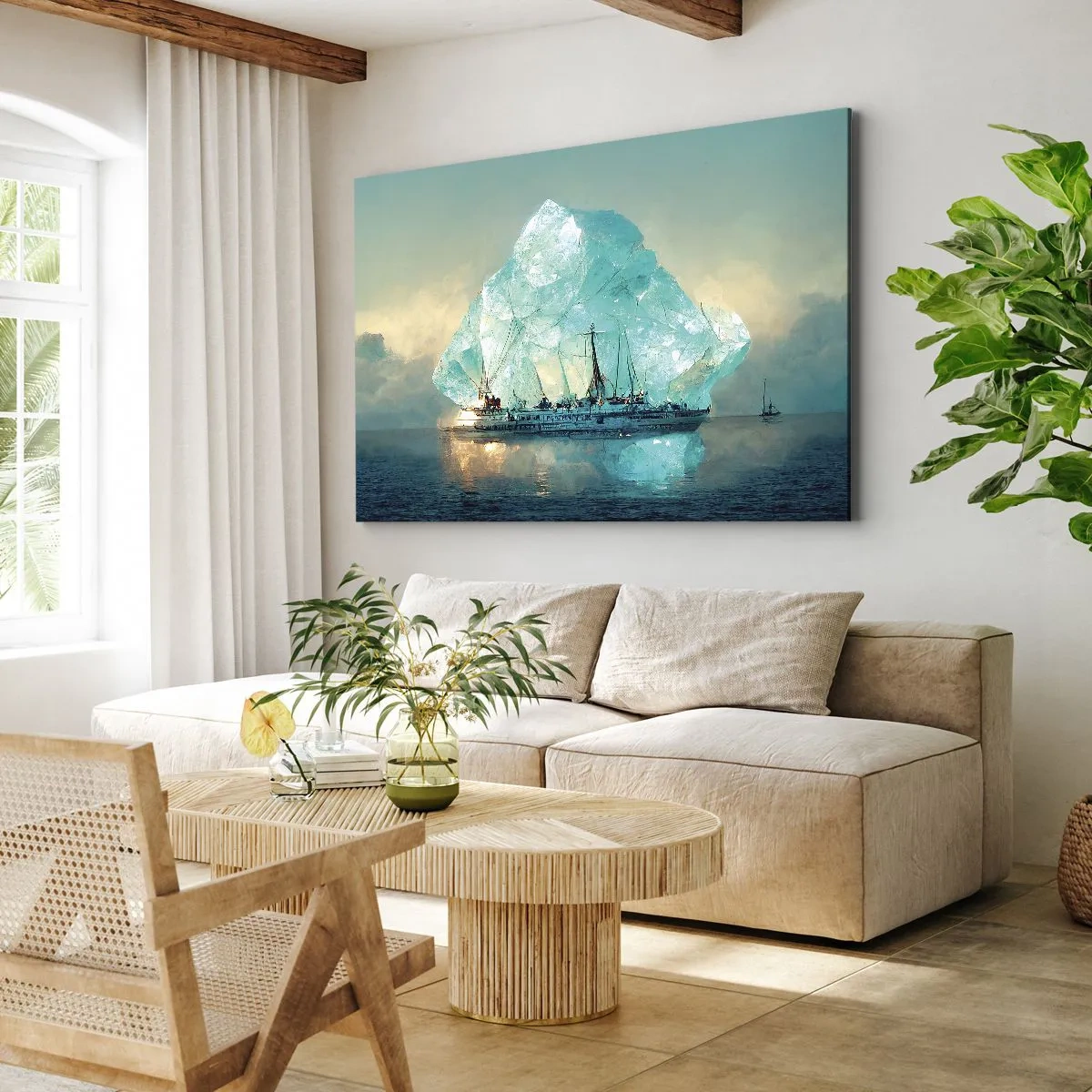 Cuadro sobre lienzo - Impresión de Imagen - Un barco con un majestuoso iceberg al fondo. - 70x50cm - Diamante ártico - Decoración de pared moderna para salón y dormitorio ARTTOR