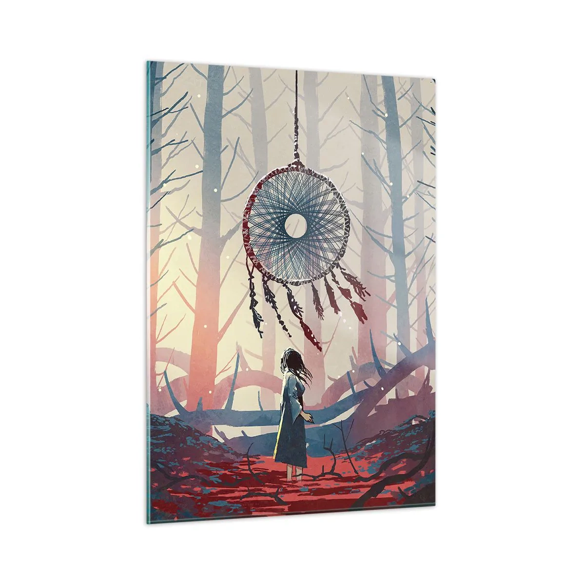 Cuadro sobre vidrio - Impresiones sobre Vidrio - Una figura en el bosque mira un gran atrapasueños que flota en el aire. - 50x70cm - El ritual secreto de la felicidad - Decoración de pared moderna para salón y dormitorio ARTTOR