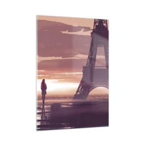 Cuadro sobre vidrio - Impresiones sobre Vidrio - La Torre Eiffel al atardecer con la silueta de una persona. - 50x70cm - Sólo ellas dos - Decoración de pared moderna para salón y dormitorio ARTTOR