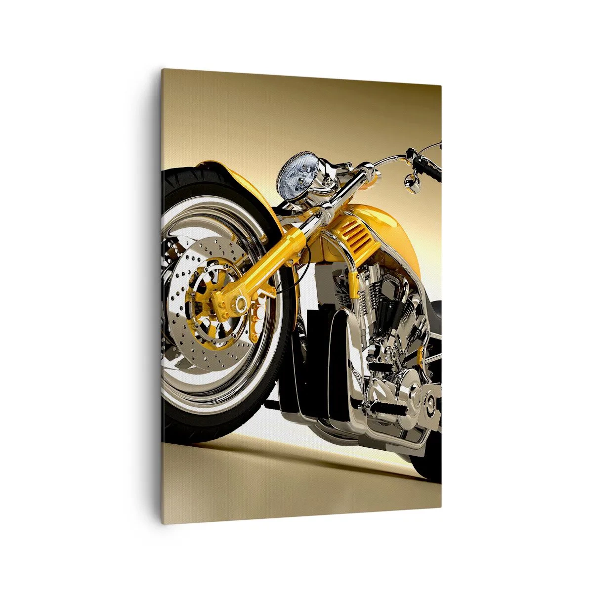 Cuadro sobre lienzo - Impresión de Imagen - Una motocicleta estilo chopper amarilla contra una pared beige - 70x100cm - Un sueño de fuerza y velocidad - Decoración de pared moderna para salón y dormitorio ARTTOR