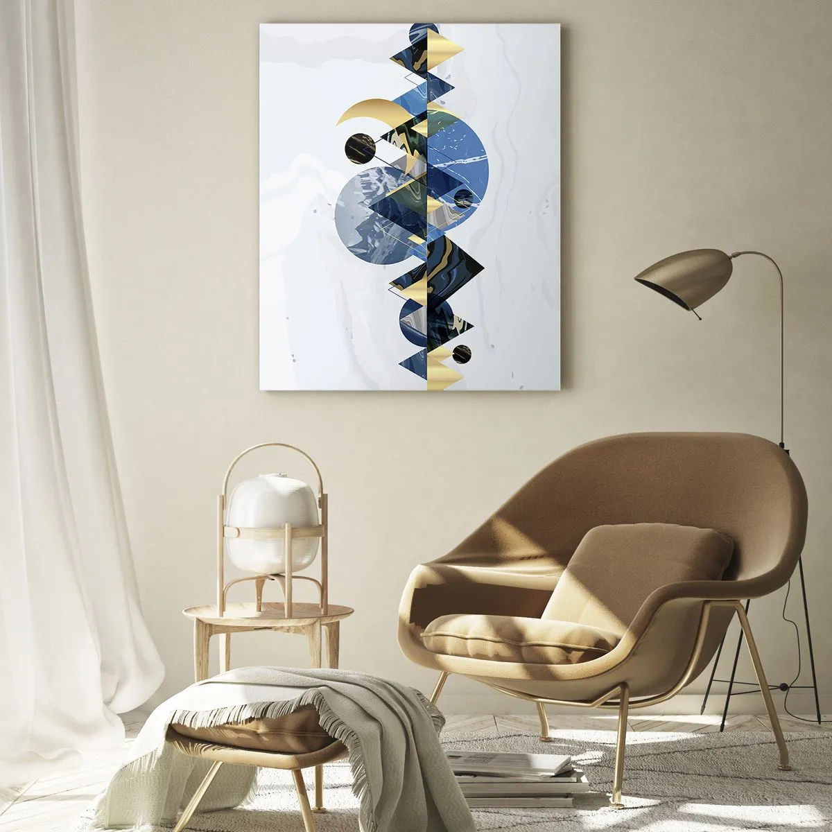 Cuadro sobre vidrio - Impresiones sobre Vidrio - Figuras geométricas abstractas en tonos azul marino y dorado. - 50x70cm - Paisaje geométrico - Decoración de pared moderna para salón y dormitorio ARTTOR