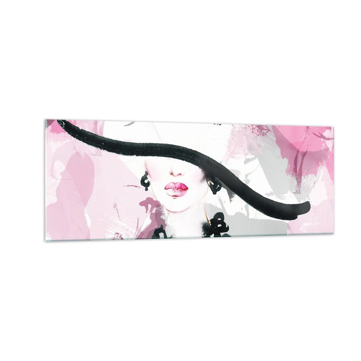 Cuadro sobre vidrio - Impresiones sobre Vidrio - Una mujer elegante con sombrero sobre un fondo de abstracciones rosas. - 140x50cm - Retrato de una dama en negro y rosa - Decoración de pared moderna para salón y dormitorio ARTTOR
