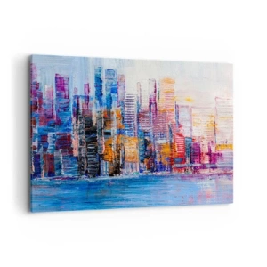Cuadro sobre lienzo - Impresión de Imagen - Un panorama colorido de la ciudad con reflejos en el agua. - 100x70cm - Una metrópoli alegre - Decoración de pared moderna para salón y dormitorio ARTTOR
