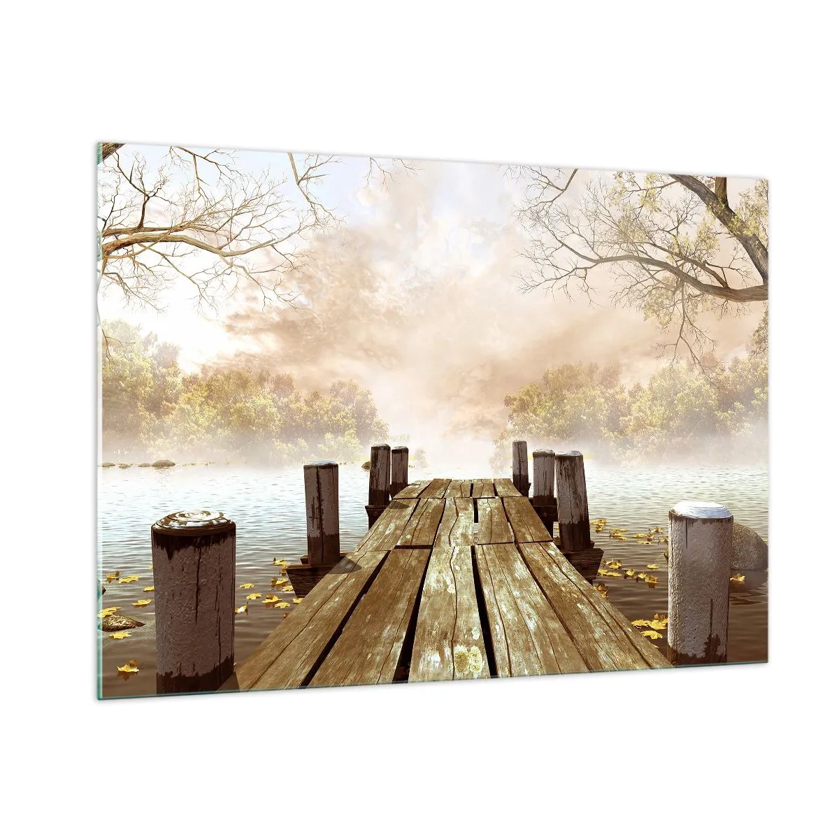 Cuadro sobre vidrio - Impresiones sobre Vidrio - Un embarcadero de madera sobre un lago tranquilo en la niebla. - 100x70cm - La leve tristeza del otoño - Decoración de pared moderna para salón y dormitorio ARTTOR