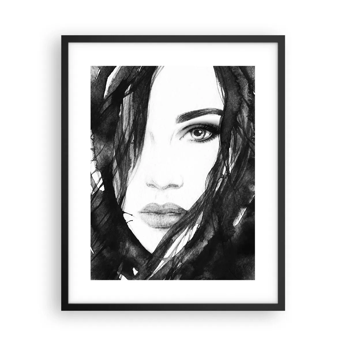 Póster en marco negro - Retrato de una dama en blanco y negro - 40x50 cm