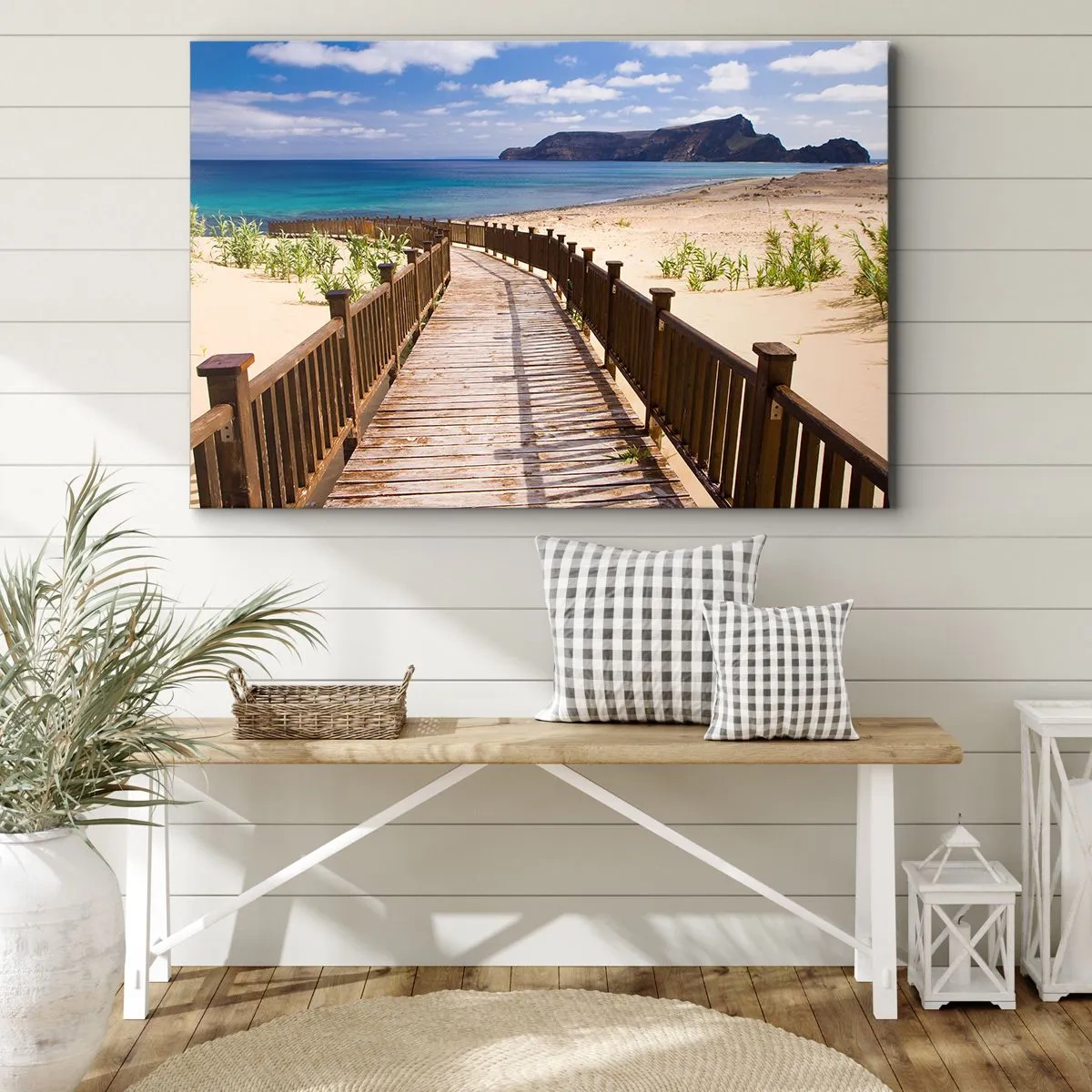 Cuadro sobre lienzo - Impresión de Imagen - Camino de madera que conduce a la playa con vistas al mar. - 120x80cm - Llévame a la isla de la felicidad - Decoración de pared moderna para salón y dormitorio ARTTOR