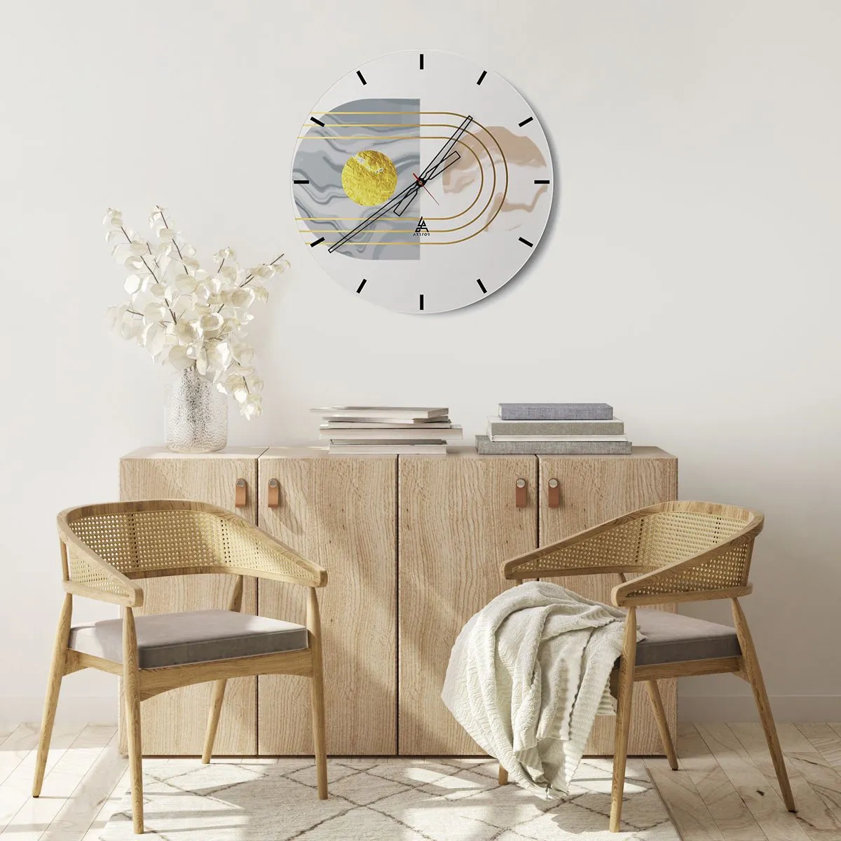 Reloj de pared - Reloj de vidrio - Líneas doradas y un círculo sobre un fondo claro con un patrón geométrico. - 30x30cm - Brillo y resplandor - Decoración de pared moderna para salón, cocina y dormitorio ARTTOR