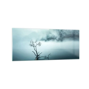 Cuadro sobre vidrio - Impresiones sobre Vidrio - Un árbol solitario en el agua rodeado de niebla y montañas. - 120x50cm - Fuera del agua y de la niebla - Decoración de pared moderna para salón y dormitorio ARTTOR