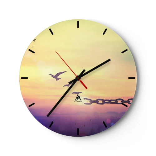 Reloj de pared - Reloj de vidrio - Pájaros en el fondo de un atardecer con una cadena rota - 30x30cm - Victoria de la libertad - Decoración de pared moderna para salón, cocina y dormitorio ARTTOR