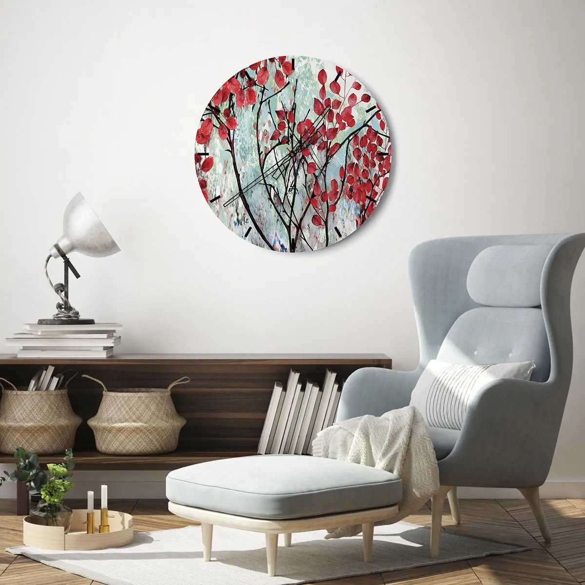 Reloj de pared - Reloj de vidrio - Ramas con hojas rojas sobre un fondo pintado. - 30x30cm - Un árbol en escarlata - Decoración de pared moderna para salón, cocina y dormitorio ARTTOR
