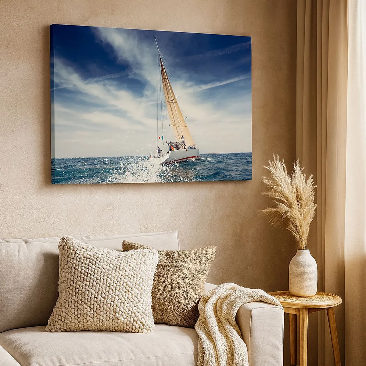 Cuadro sobre lienzo - Impresión de Imagen - Un velero en un mar tempestuoso bajo un cielo azul. - 70x50cm - ¡No nos alcanzarán! - Decoración de pared moderna para salón y dormitorio ARTTOR