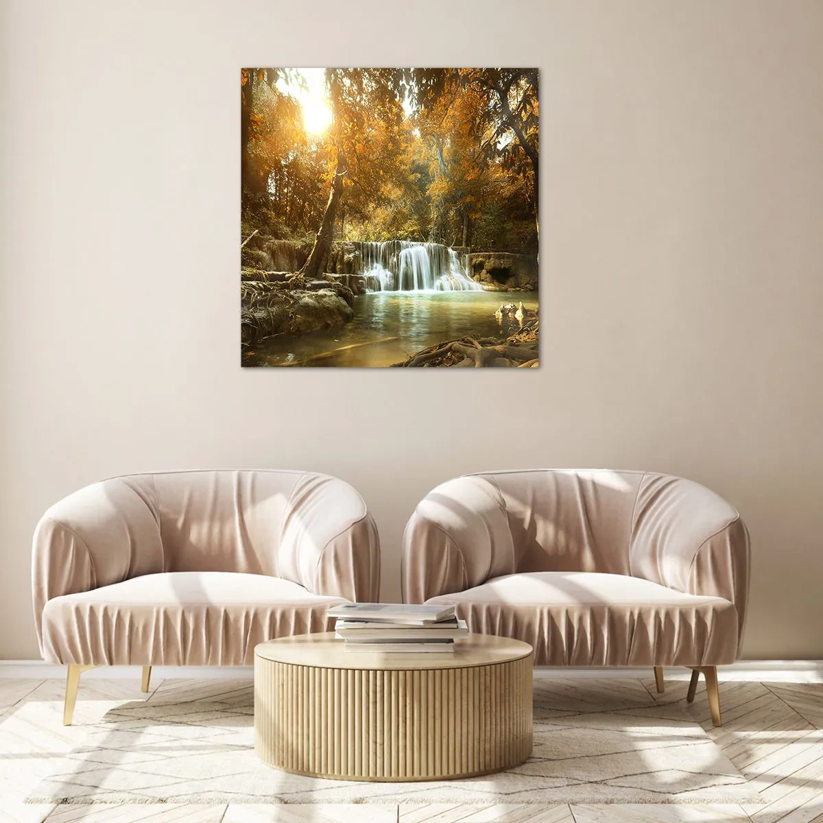 Cuadro sobre vidrio - Impresiones sobre Vidrio - Una cascada en el parque - 30x30 cm
