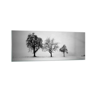 Cuadro sobre vidrio - Impresiones sobre Vidrio - Tres árboles en un campo nevado en estilo monocromático. - 140x50cm - ¿Con qué sueñan? - Decoración de pared moderna para salón y dormitorio ARTTOR