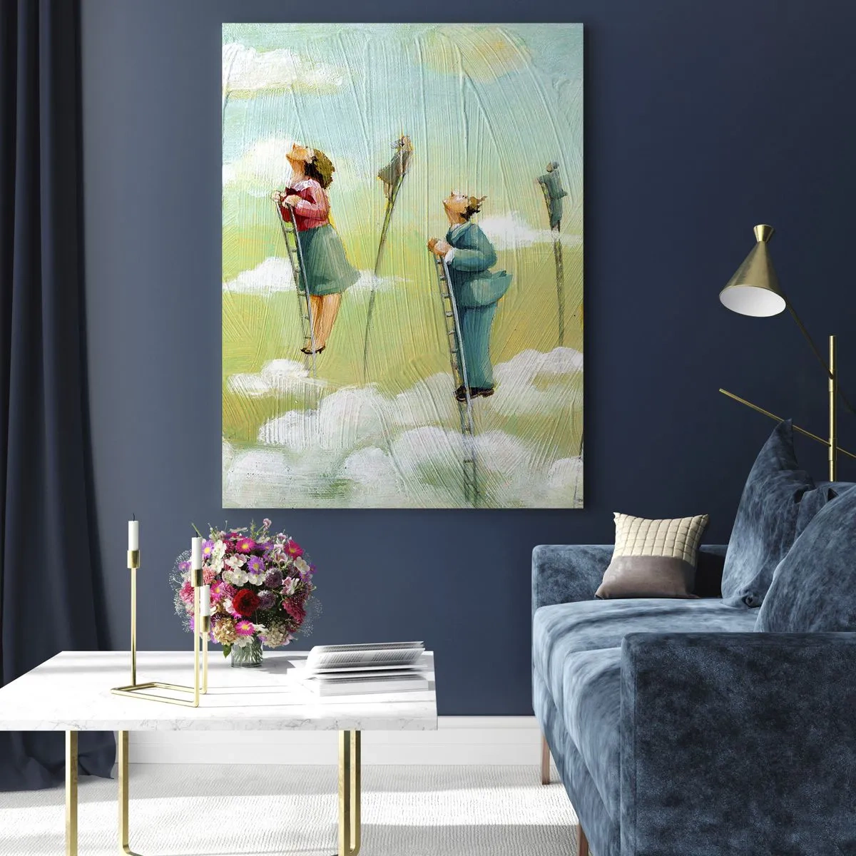 Cuadro sobre vidrio - Impresiones sobre Vidrio - Figuras subiendo escaleras entre las nubes - 50x70cm - Sigue tu sueño - Decoración de pared moderna para salón y dormitorio ARTTOR