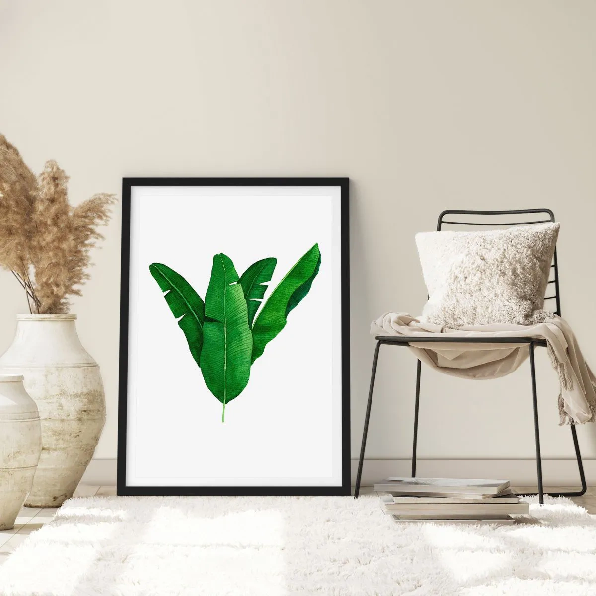 Póster en marco negro - Ilustración de acuarela de hojas de plátano dispuestas simétricamente sobre un fondo blanco. - 50x70cm - Simetría verde - Decoración de pared moderna para salón y dormitorio ARTTOR