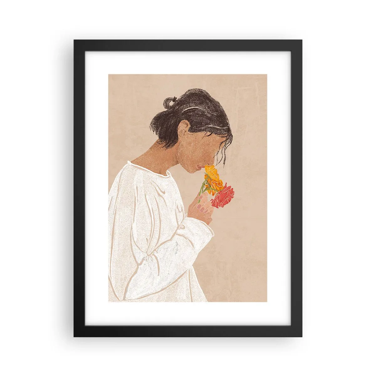 Póster en marco negro - Joven con flores - 30x40 cm