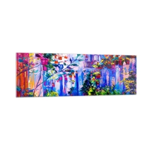 Cuadro sobre vidrio - Impresiones sobre Vidrio - Una calle colorida y llena de flores. - 160x50cm - Impresión - una calle italiana - Decoración de pared moderna para salón y dormitorio ARTTOR