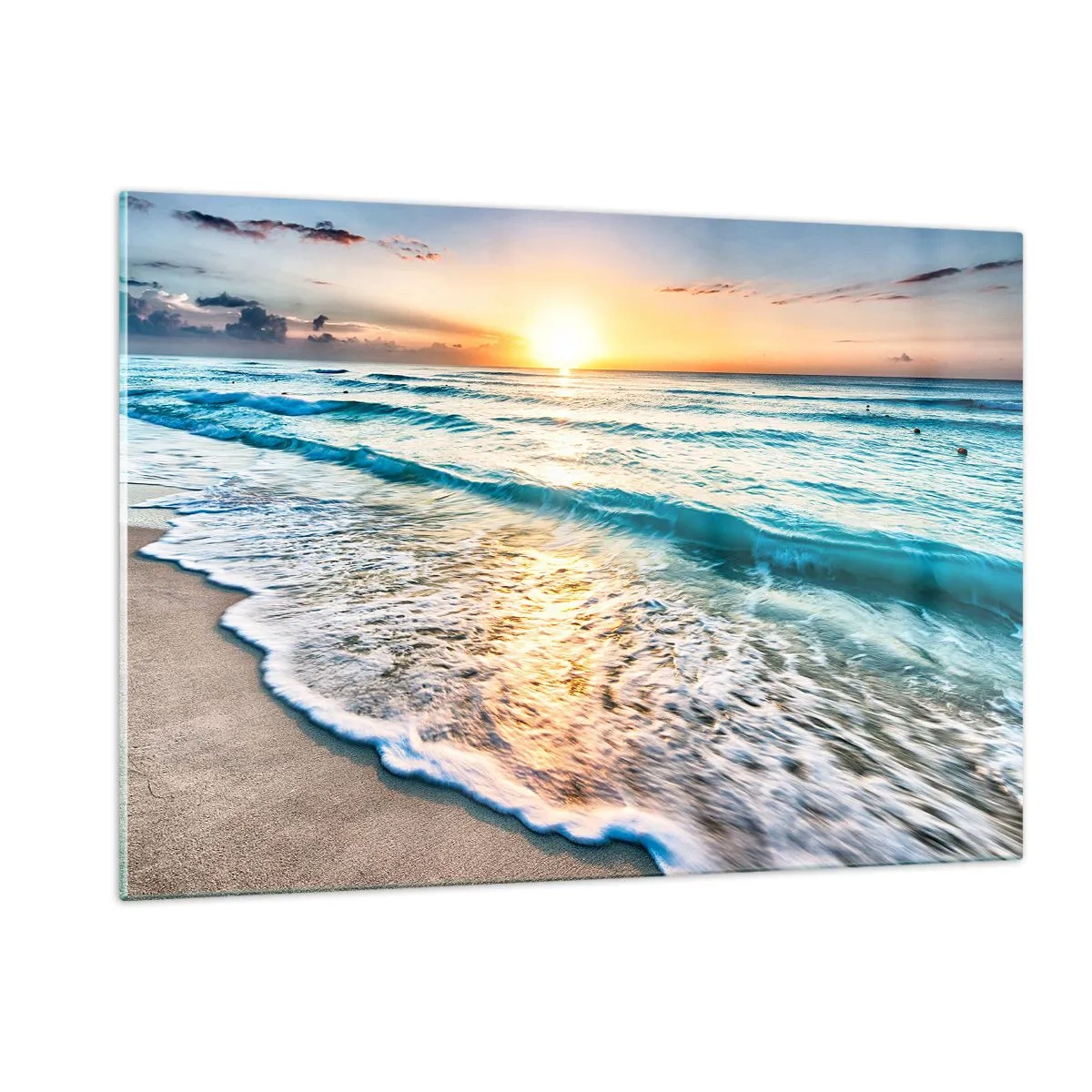 Cuadro sobre vidrio - Impresiones sobre Vidrio - Playa por la mañana con olas y amanecer. - 120x80cm - Un espectáculo digno de ver - Decoración de pared moderna para salón y dormitorio ARTTOR