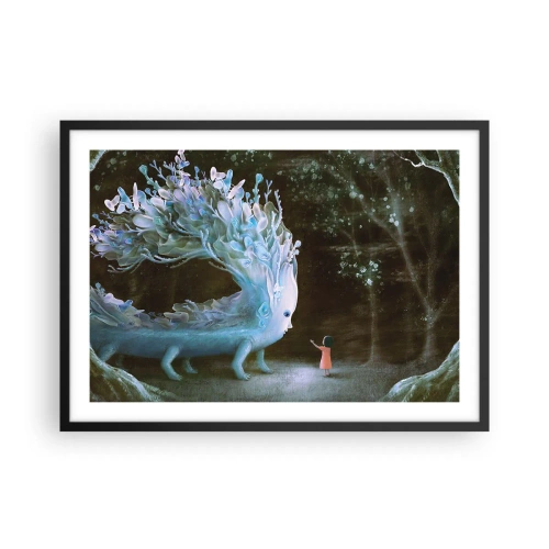 Póster en marco negro - La figura de una niña frente a una criatura fantástica. - 70x50cm - Una reunión fantástica - Decoración de pared moderna para salón y dormitorio ARTTOR