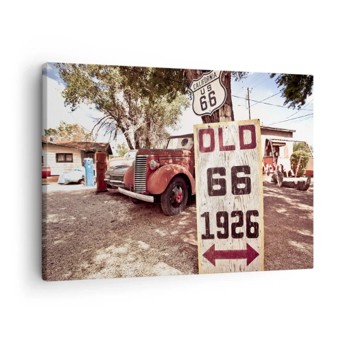 Cuadro sobre lienzo - Impresión de Imagen - Coche retro y cartel de la Ruta 66 en un entorno rústico - 70x50cm - Una leyenda de la América profunda - Decoración de pared moderna para salón y dormitorio ARTTOR