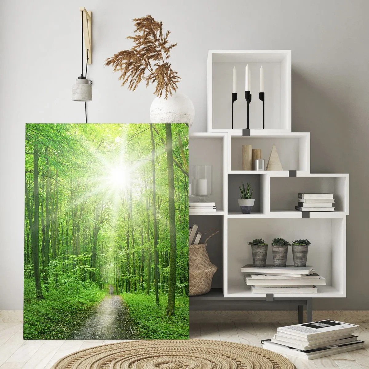 Cuadro sobre vidrio - Impresiones sobre Vidrio - Un camino en el bosque iluminado por los rayos del sol. - 50x70cm - Catedral verde - Decoración de pared moderna para salón y dormitorio ARTTOR