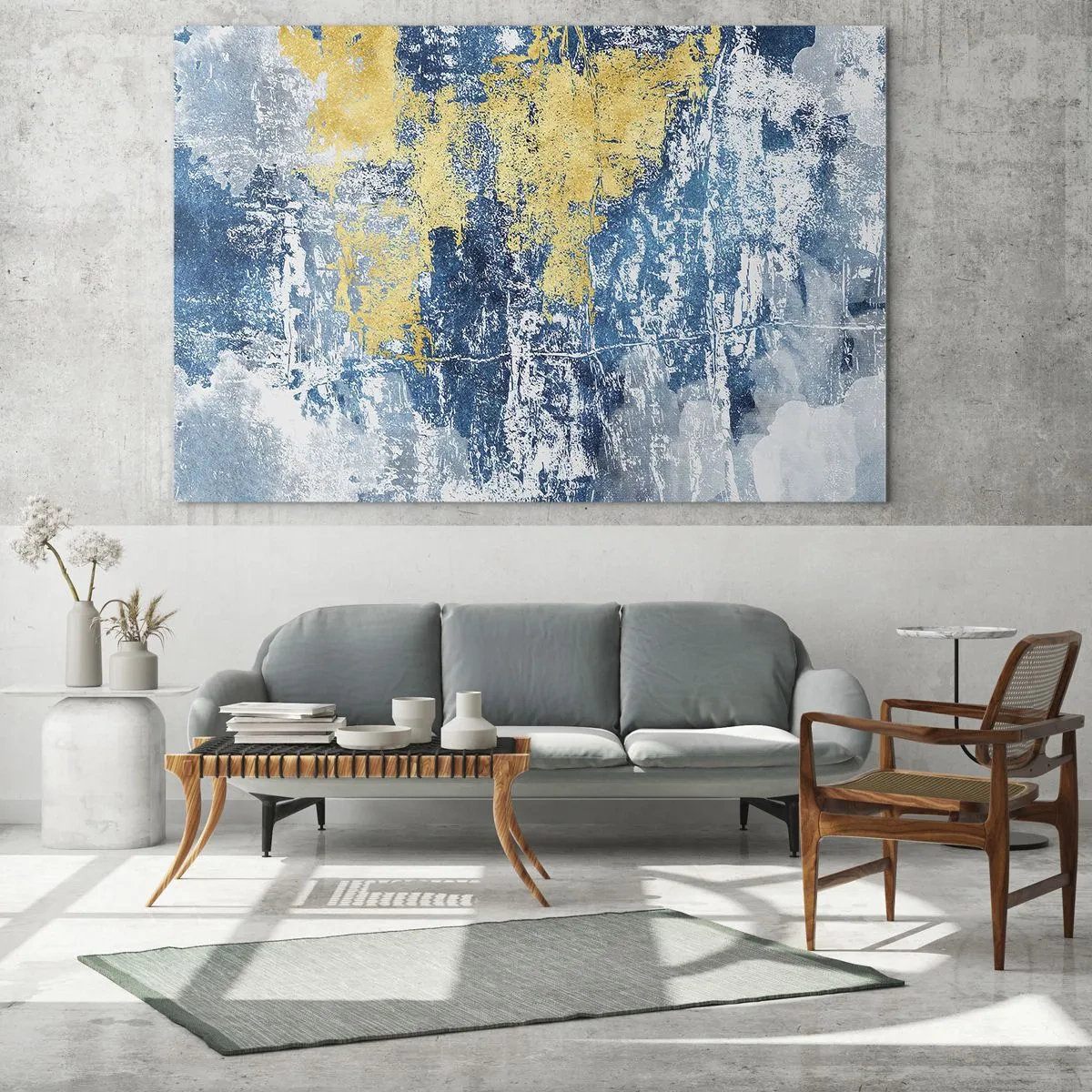 Cuadro sobre vidrio - Impresiones sobre Vidrio - Abstracción azul y amarilla con efecto desgastado y texturizado. - 70x50cm - Una abstracción serena - Decoración de pared moderna para salón y dormitorio ARTTOR
