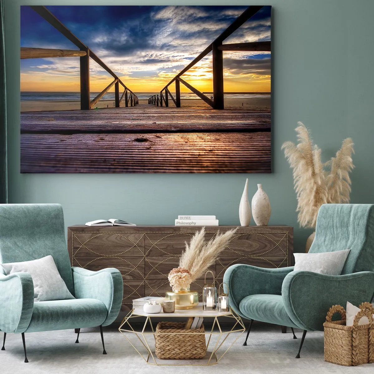 Cuadro sobre lienzo - Impresión de Imagen - Muelle de madera que conduce a la playa al atardecer - 70x50cm - Directamente hacia una playa tranquila al atardecer - Decoración de pared moderna para salón y dormitorio ARTTOR