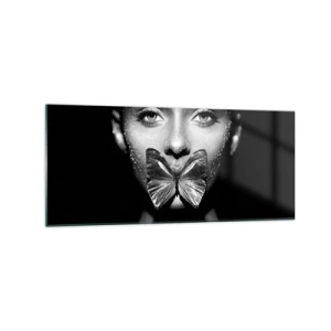 Cuadro sobre vidrio - Impresiones sobre Vidrio - Rostro de mujer en blanco y negro con una mariposa en los labios. - 120x50cm - Beso de mariposa - Decoración de pared moderna para salón y dormitorio ARTTOR