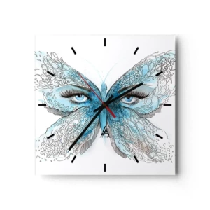 Reloj de pared - Reloj de vidrio - Acuarela artística de una mariposa con ojos azules. - 30x30cm - Mirada de mariposa - Decoración de pared moderna para salón y dormitorio ARTTOR