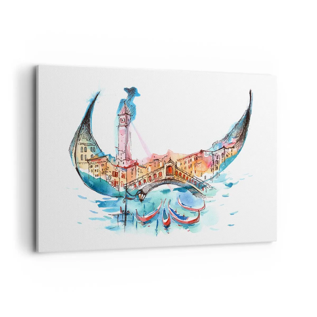 Cuadro sobre lienzo - Impresión de Imagen - Una composición de acuarela de Venecia en forma de góndola. - 100x70cm - Navegamos por la ciudad - Decoración de pared moderna para salón y dormitorio ARTTOR