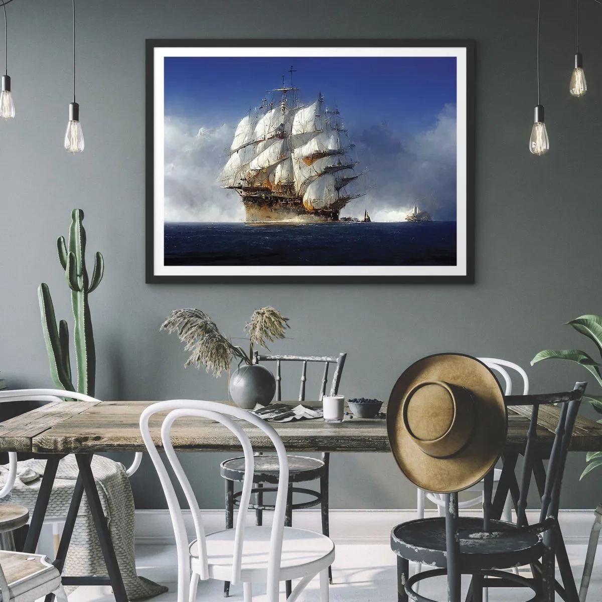 Póster en marco negro - Un velero en mar abierto bajo un cielo azul. - 70x50cm - La gran gloria - Decoración de pared moderna para salón y dormitorio ARTTOR