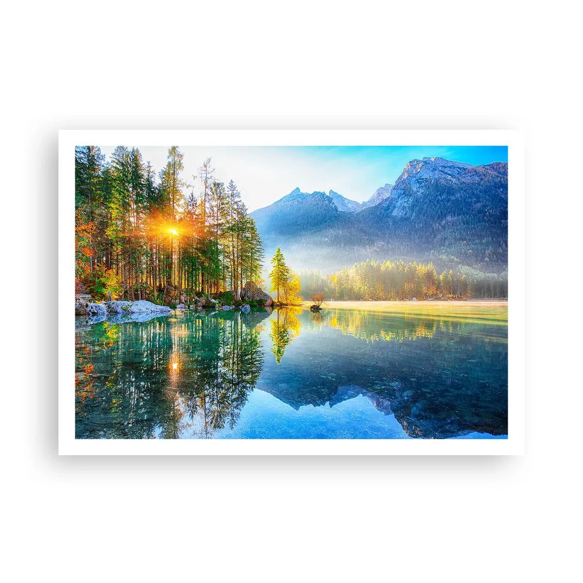 Póster - Un lago rodeado de montañas y bosques bajo los rayos del sol. - 100x70cm - Majestuosidad y dulzura - Decoración de pared moderna para salón y dormitorio ARTTOR