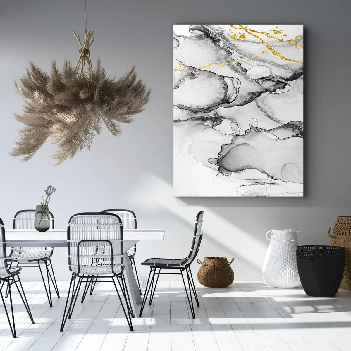 Cuadro sobre lienzo - Impresión de Imagen - Patrones abstractos en blanco y negro con acentos dorados - 50x70cm - Composición con motivo de oro - Decoración de pared moderna para salón y dormitorio ARTTOR