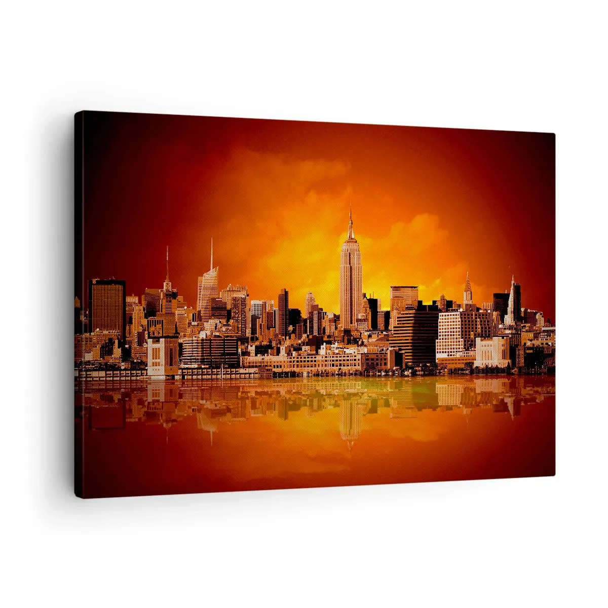 Cuadro sobre lienzo - Impresión de Imagen - Panorama de la ciudad al atardecer con edificios reflejados en el agua. - 70x50cm - Un panorama de la ciudad en amarillo y marrón - Decoración de pared moderna para salón y dormitorio ARTTOR