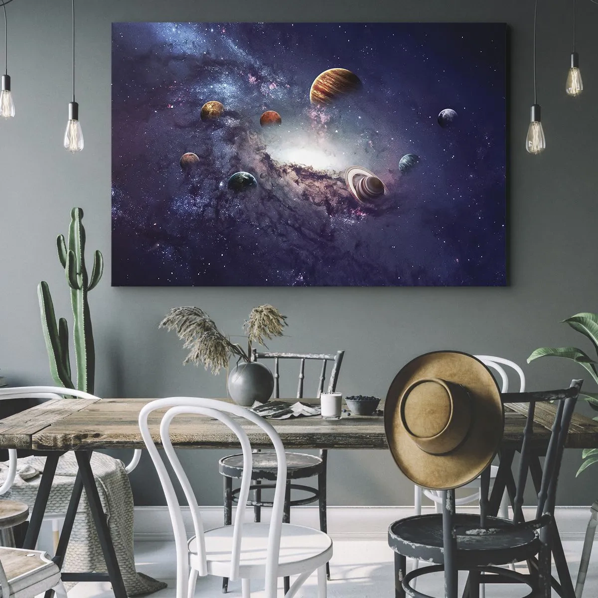 Cuadro sobre lienzo - Impresión de Imagen - Planetas en una galaxia con una nebulosa al fondo - 70x50cm - La danza alrededor del Sol - Decoración de pared moderna para salón y dormitorio ARTTOR