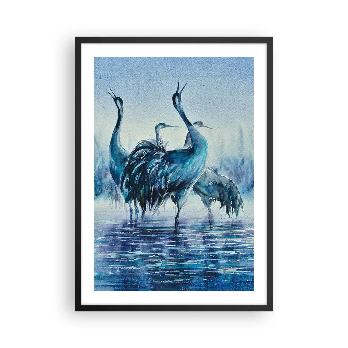 Póster en marco negro - Una imagen atmosférica de grúas en un paisaje acuático azul. - 50x70cm - Reunión matinal - Decoración de pared moderna para salón y dormitorio ARTTOR
