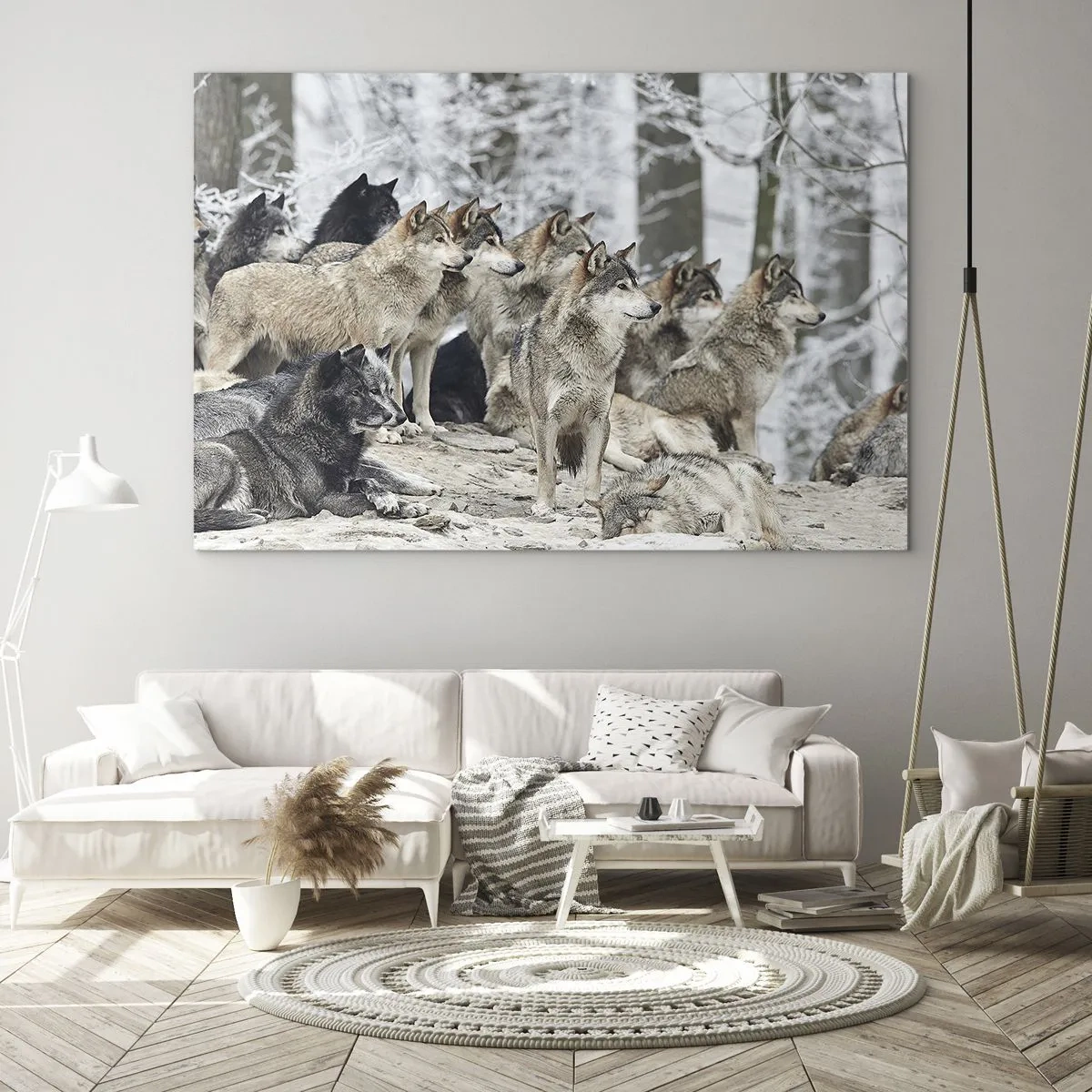 Cuadro sobre vidrio - Impresiones sobre Vidrio - Una manada de lobos en el bosque invernal. - 70x50cm - Familiares y amigos - Decoración de pared moderna para salón y dormitorio ARTTOR