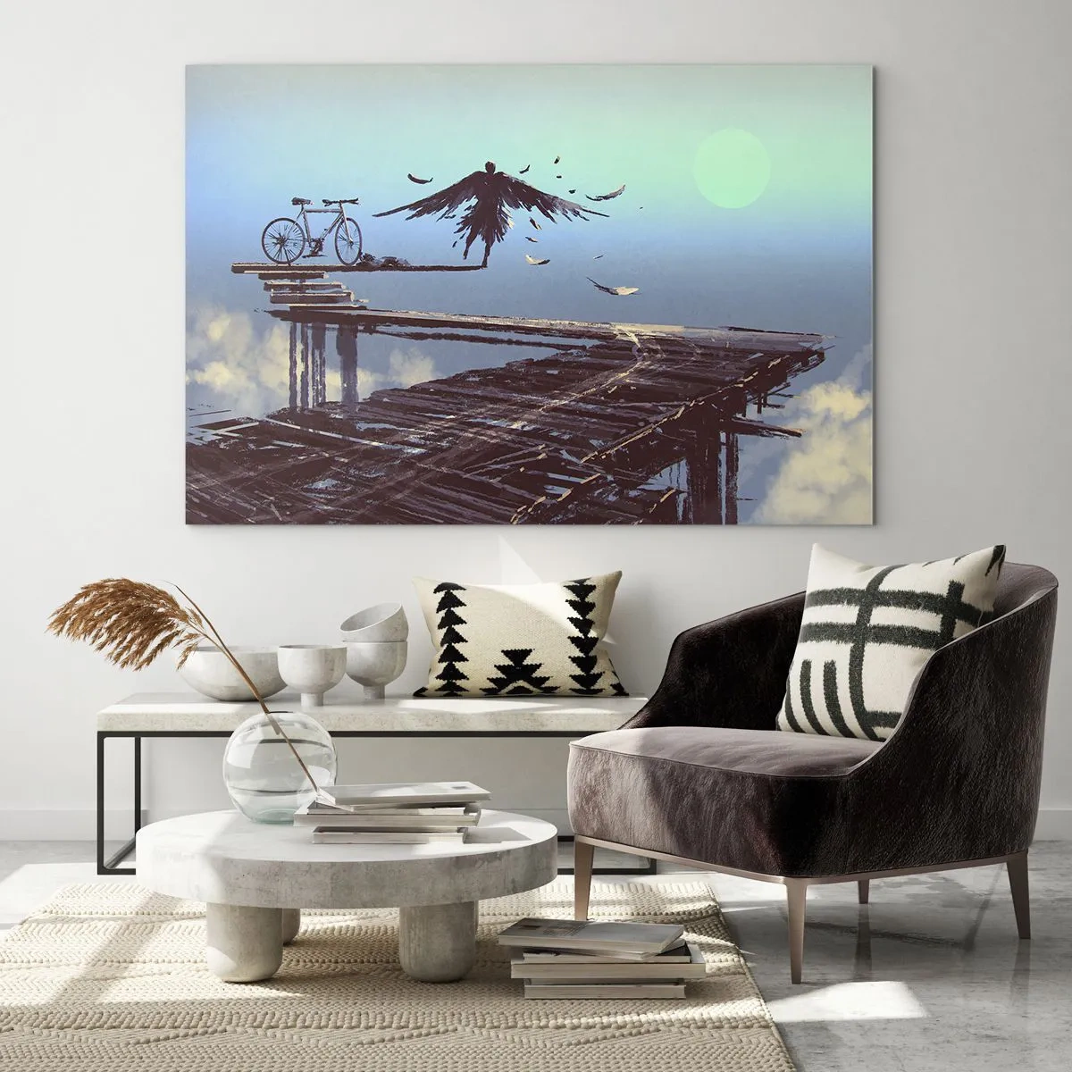 Cuadro sobre vidrio - Impresiones sobre Vidrio - Una figura con una bicicleta en un puente de madera sobre las nubes. - 70x50cm - Ícaro eternamente vivo - Decoración de pared moderna para salón y dormitorio ARTTOR