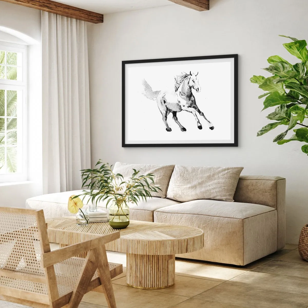 Póster en marco negro - Boceto de un caballo al galope en tonos de blanco y negro. - 100x70cm - Alma indómita - Decoración de pared moderna para salón y dormitorio ARTTOR