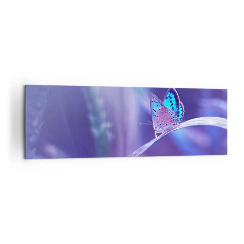 Cuadro sobre lienzo - Impresión de Imagen - Una delicada mariposa azul sobre un tallo en luz violeta. - 160x50cm - Una joya de la naturaleza - Decoración de pared moderna para salón y dormitorio ARTTOR