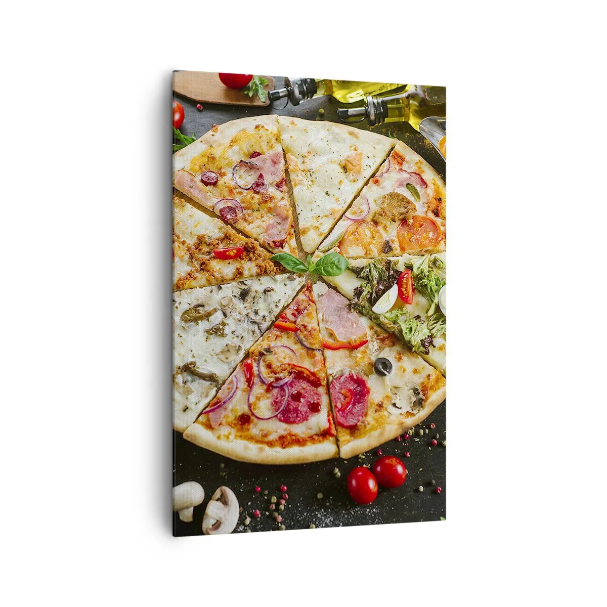 Cuadro sobre lienzo - Impresión de Imagen - Pizza en varios sabores con fondo de ingredientes. - 80x120cm - Una gama de gustos - Decoración de pared moderna para salón y dormitorio ARTTOR