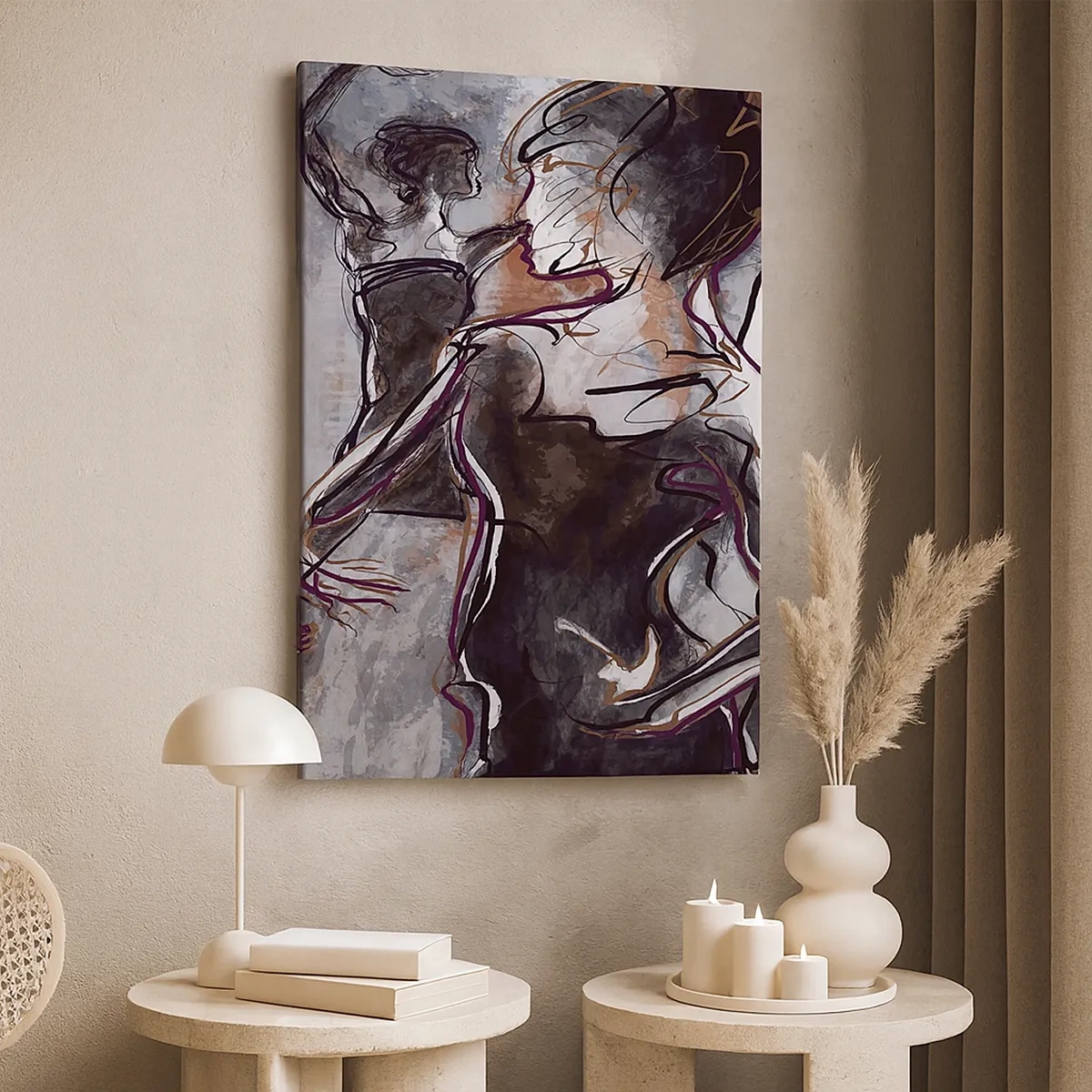 Cuadro sobre lienzo - Impresión de Imagen - Escena de jazz abstracta con un saxofonista y una mujer bailando. - 50x70cm - Fundirse en uno con la música - Decoración de pared moderna para salón y dormitorio ARTTOR