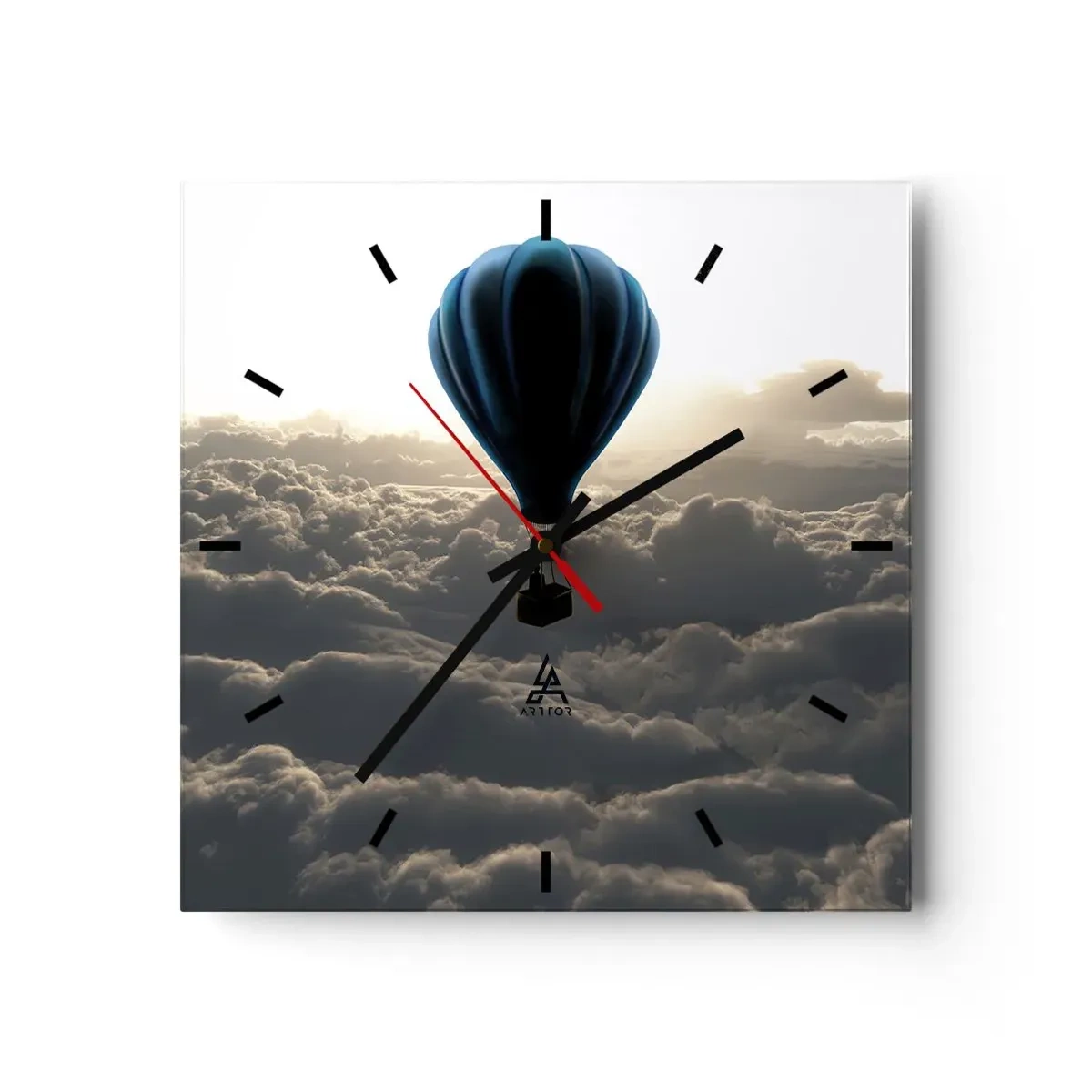 Reloj de pared - Reloj de vidrio - Un globo aerostático contra un cielo con nubes al atardecer. - 30x30cm - Un viajero por encima de las nubes - Decoración de pared moderna para salón y dormitorio ARTTOR