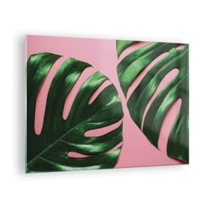Cuadro sobre vidrio - Impresiones sobre Vidrio - Hojas de monstera verde sobre un fondo rosa - 70x50cm - Cita con el verde - Decoración de pared moderna para salón y dormitorio ARTTOR
