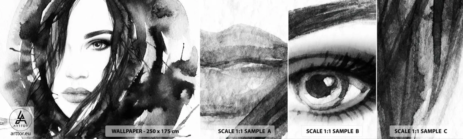 Muestra De Fotomural Standard Eco - Retrato de una dama en blanco y negro - Abstracción, cara de mujer, Retrato - 100x30 cm